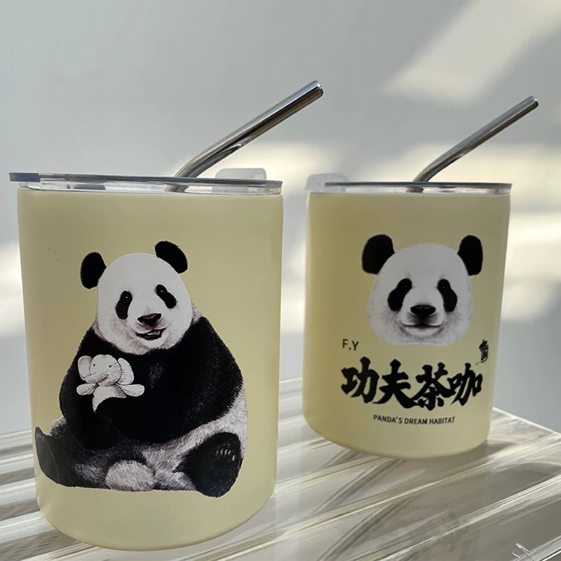 熊猫理想国大熊猫文创咖啡杯功夫茶咖杯子卡通便携带吸管水杯