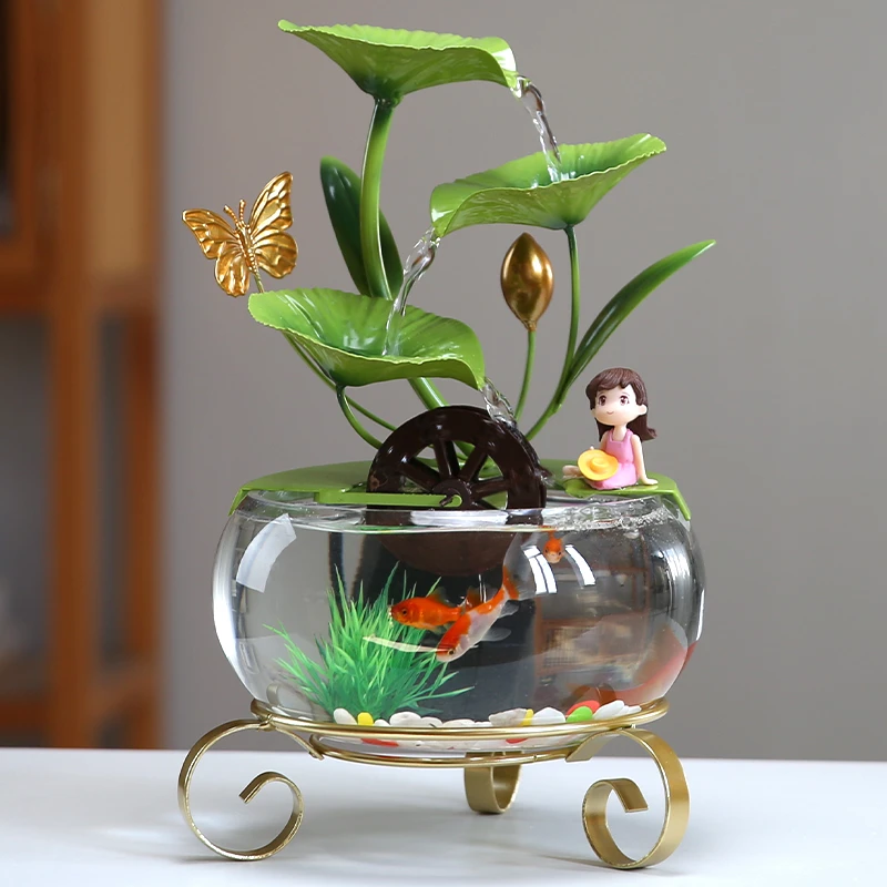 创意小型玻璃鱼缸客厅循环水桌面流水摆件喷泉多层风水轮装饰品