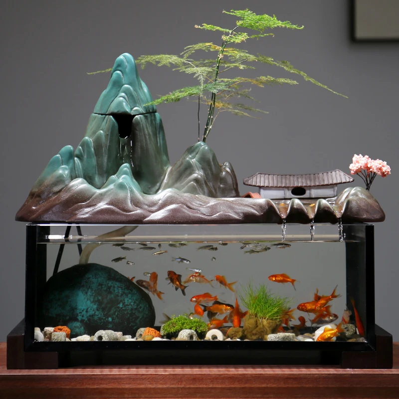 新中式鱼缸流水摆件循环水养鱼池假山景观家用客厅办公室开业礼品