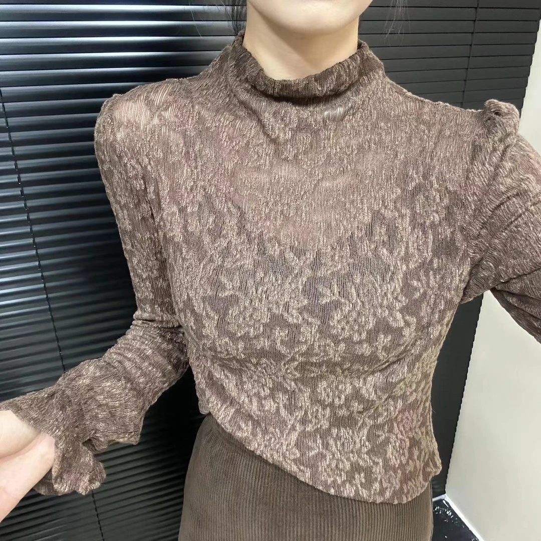 2023秋冬新款设计感半高领洋气T恤显瘦百搭气质喇叭袖上衣