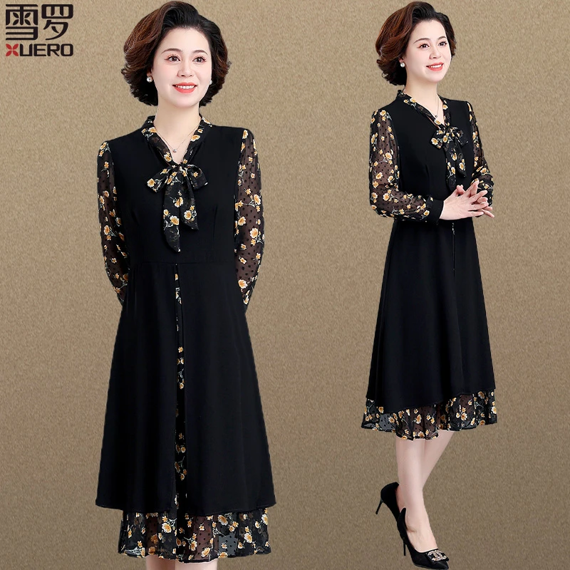 中年妈妈夏装连衣裙洋气高贵中老年女士春秋季新款雪纺裙子假两件