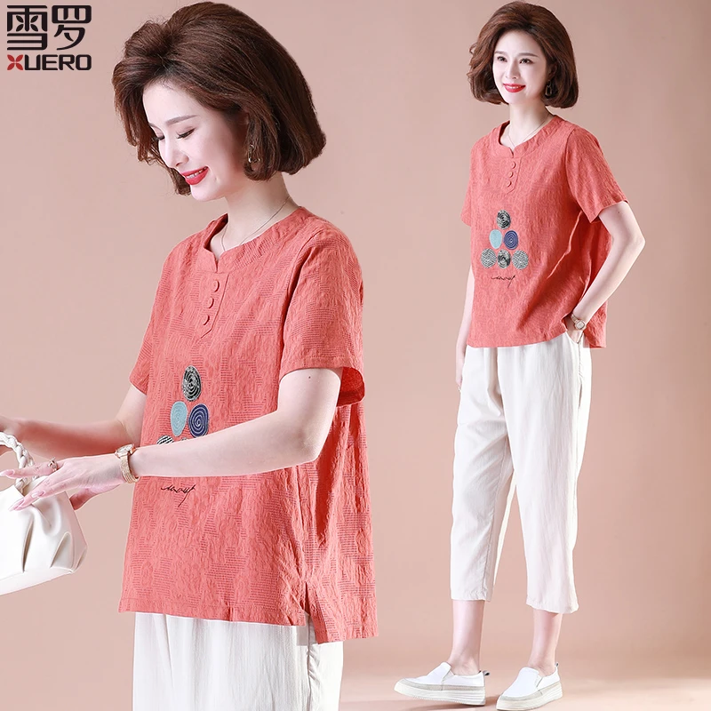 母亲节妈妈夏装棉麻套装2023新款中老年纯棉上衣女短袖t恤两件套