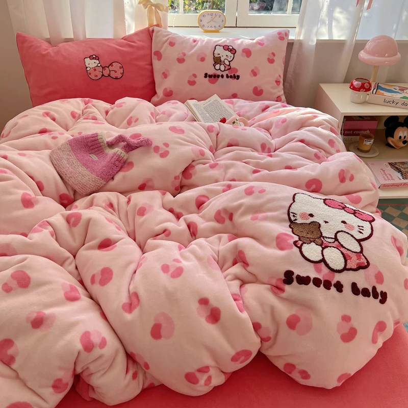 可爱喵咪-冬季加厚牛奶绒四件套少女心双面绒学生宿舍单人三件套