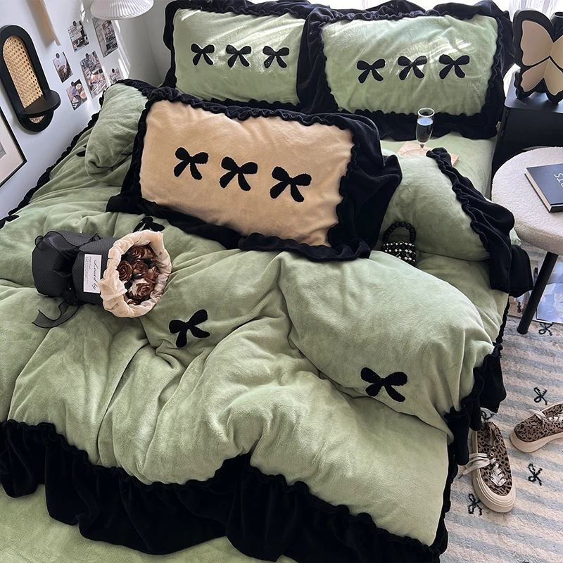 A类-法式赫本花边牛奶绒四件套保暖加厚绒公主风单人宿舍三件套