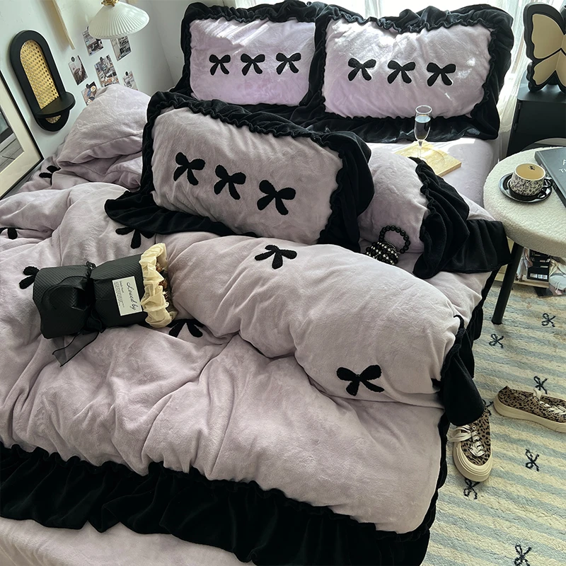 法式赫本花边牛奶绒四件套网红保暖加厚绒公主风单人宿舍三件套