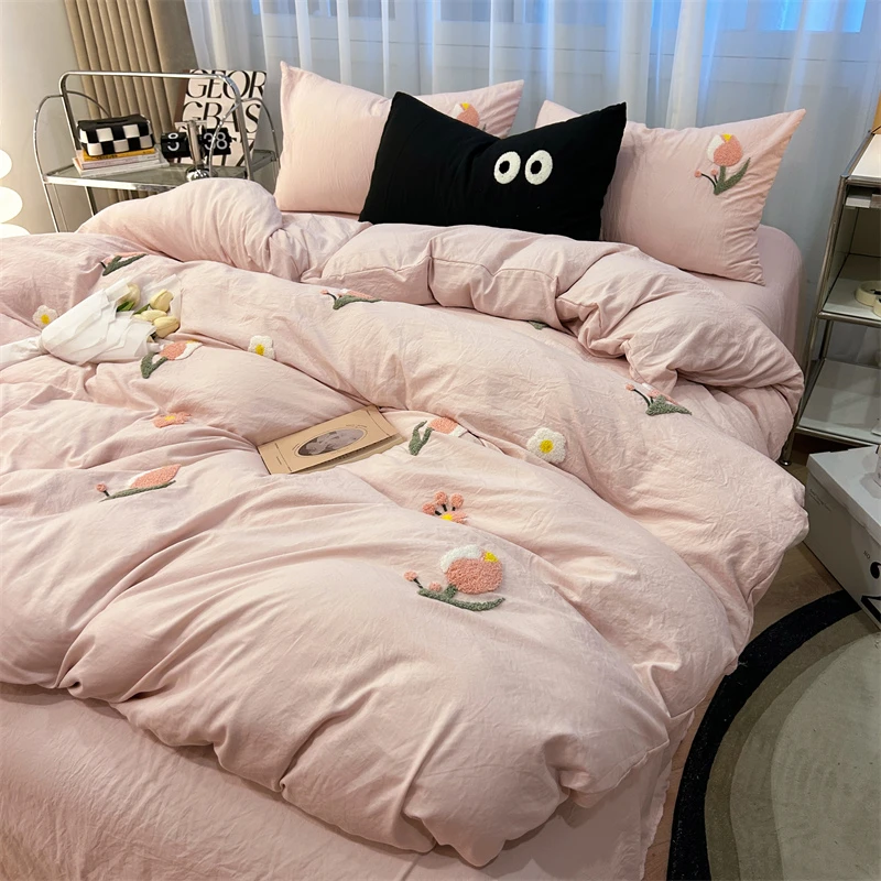 ins超柔四件套毛巾绣水洗工艺磨毛床品亲肤单人学生宿舍三件套