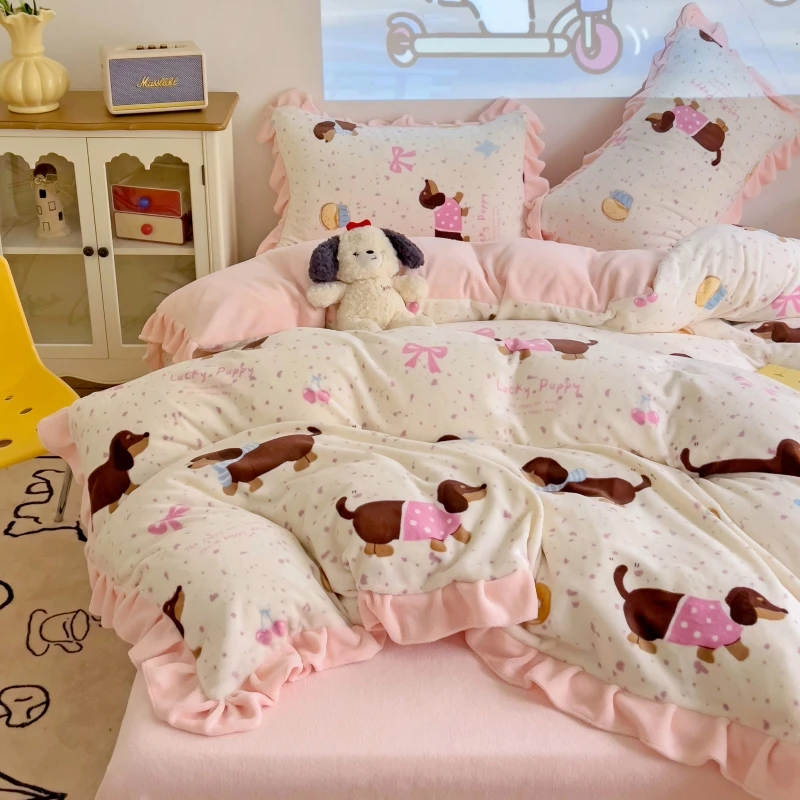 法式花边牛奶绒四件套网红可爱保暖加厚绒公主风单人宿舍三件套