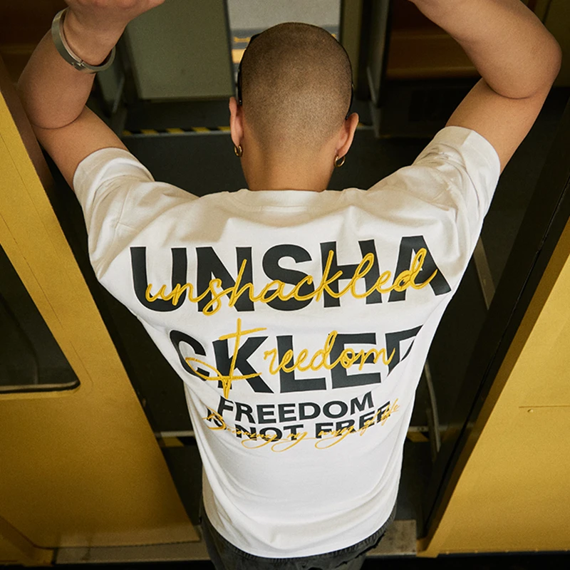 UNSHACKLED潮牌美式宽松拉浆短袖T恤男士半袖圆领透气上衣杨政