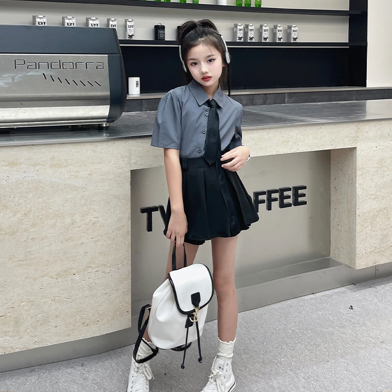 学院风女童夏季衬衫T恤短裙纯原套装2024女中大童6-12-15岁休闲潮