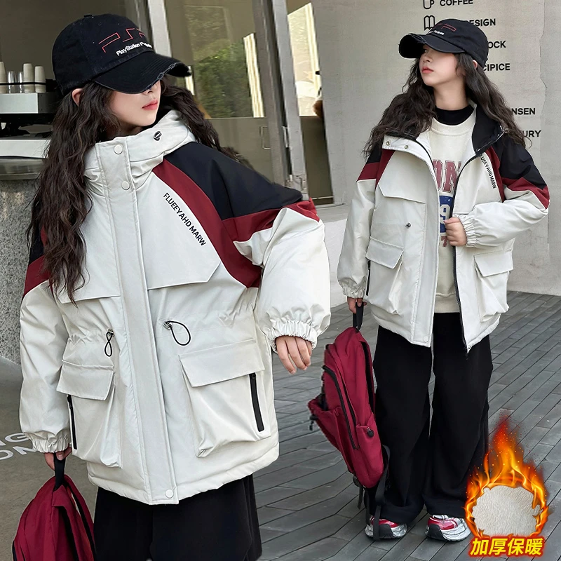 女童秋冬新款派克服外套2024休闲拼色中大童6-12岁15岁加绒加厚潮