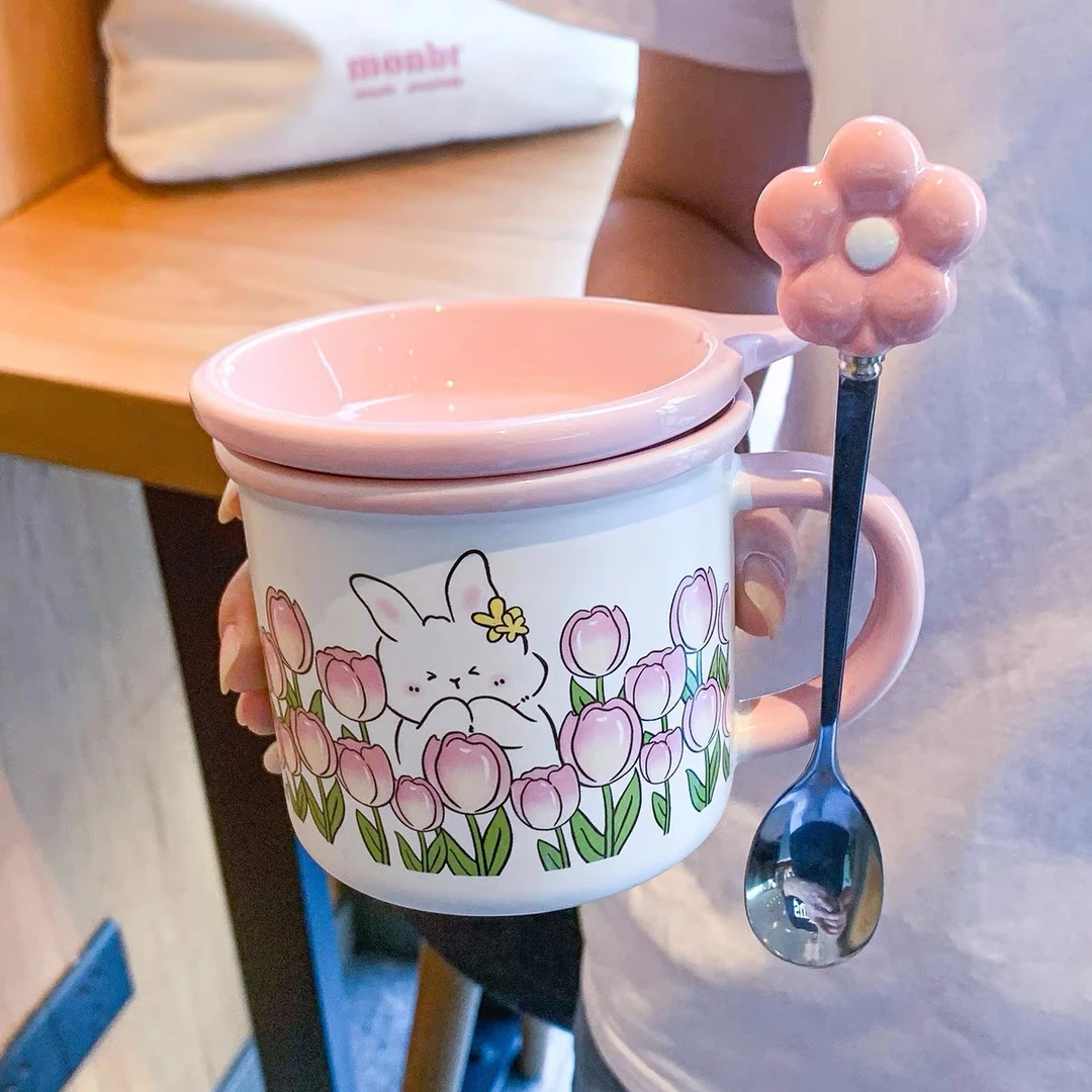 家用陶瓷水杯办公杯子带盖水杯女士专用高颜值马克杯早餐杯咖啡杯