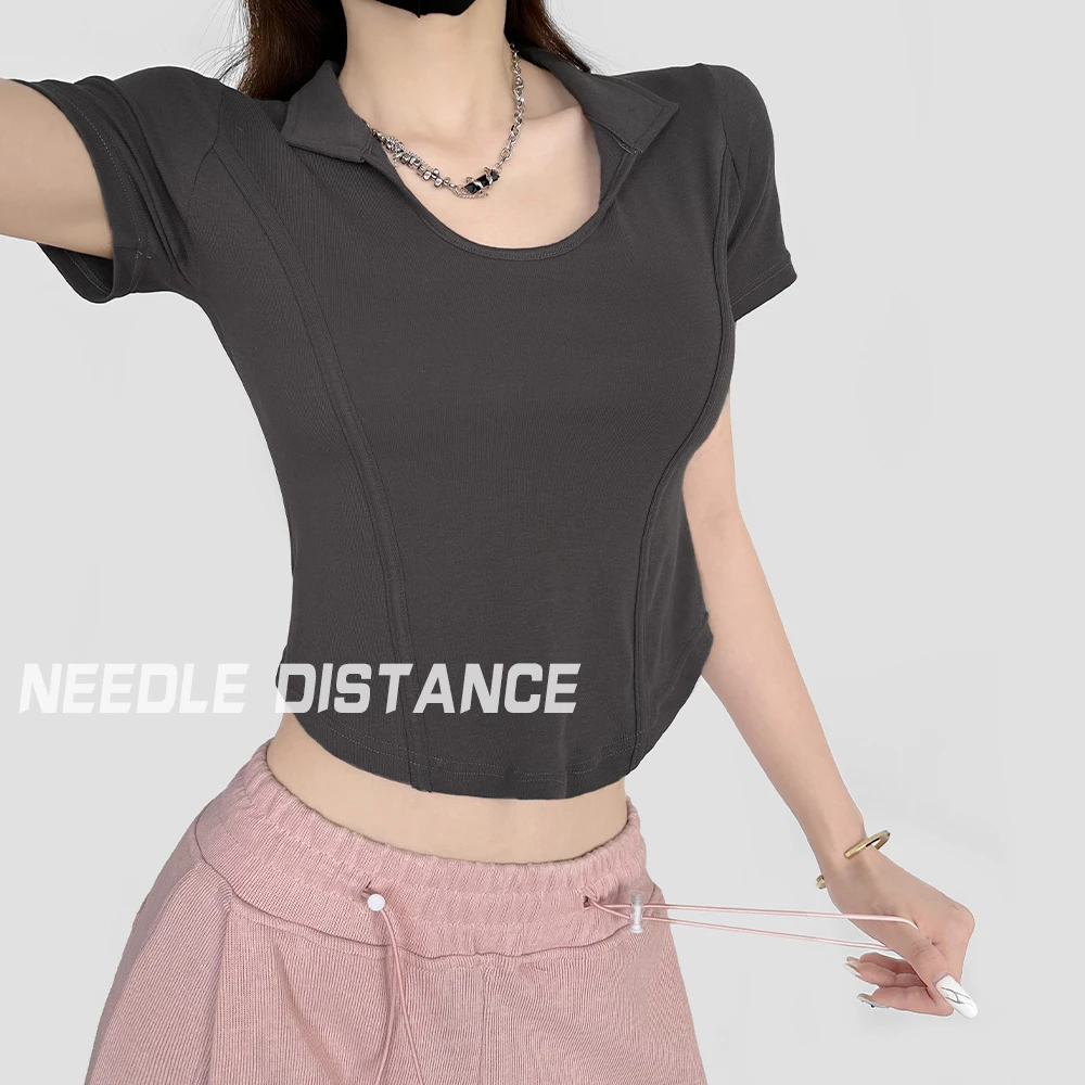 针距美式炭灰色U领短袖t恤女2024春夏紧身性感弧边露脐打底上衣潮