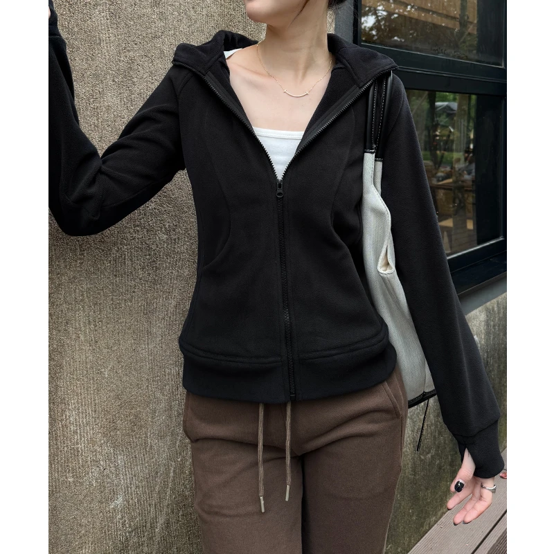 针距黑色美式运动风加厚修身连帽卫衣外套女秋季显瘦百搭上衣