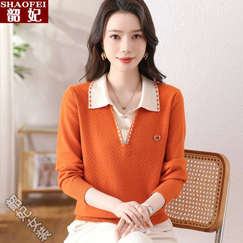 妈妈秋装毛衣洋气时尚翻领针织衫中老年女装宽松百搭长袖上衣
