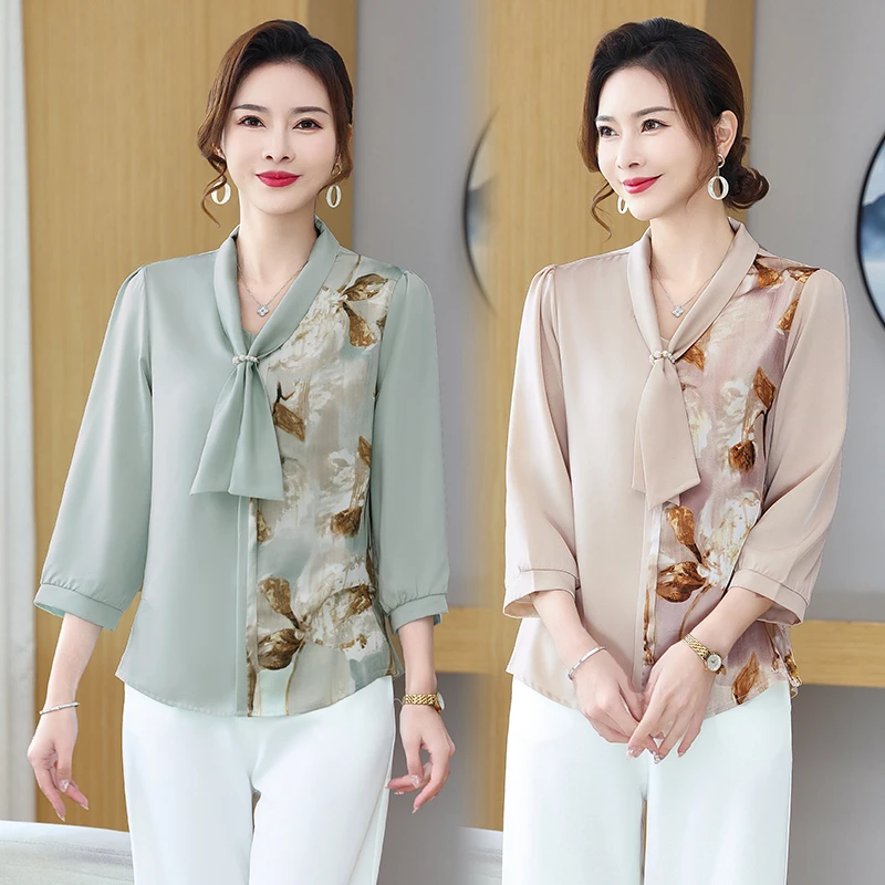 新款妈妈装春夏季高档设计感中袖上衣中老年洋气时尚打底小衫T恤