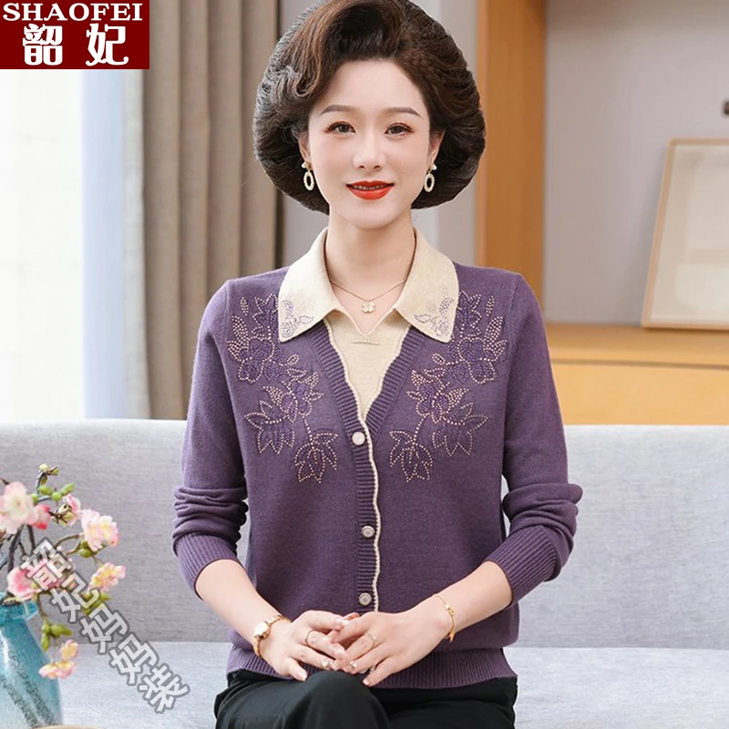 妈妈装秋冬新款弹力针织衫长袖翻领假两件中老年女装时尚洋气上衣