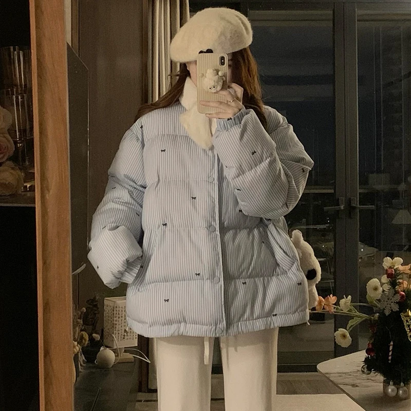 韩系条纹蝴蝶结棉服女冬季新款高级感夹棉加厚棉衣保暖棉袄面包服