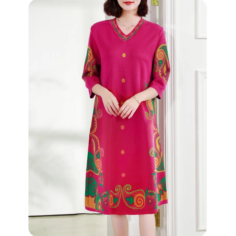 [TL13]春秋V领中袖女士气质针织提花连衣裙优雅女装 C2408801 -1