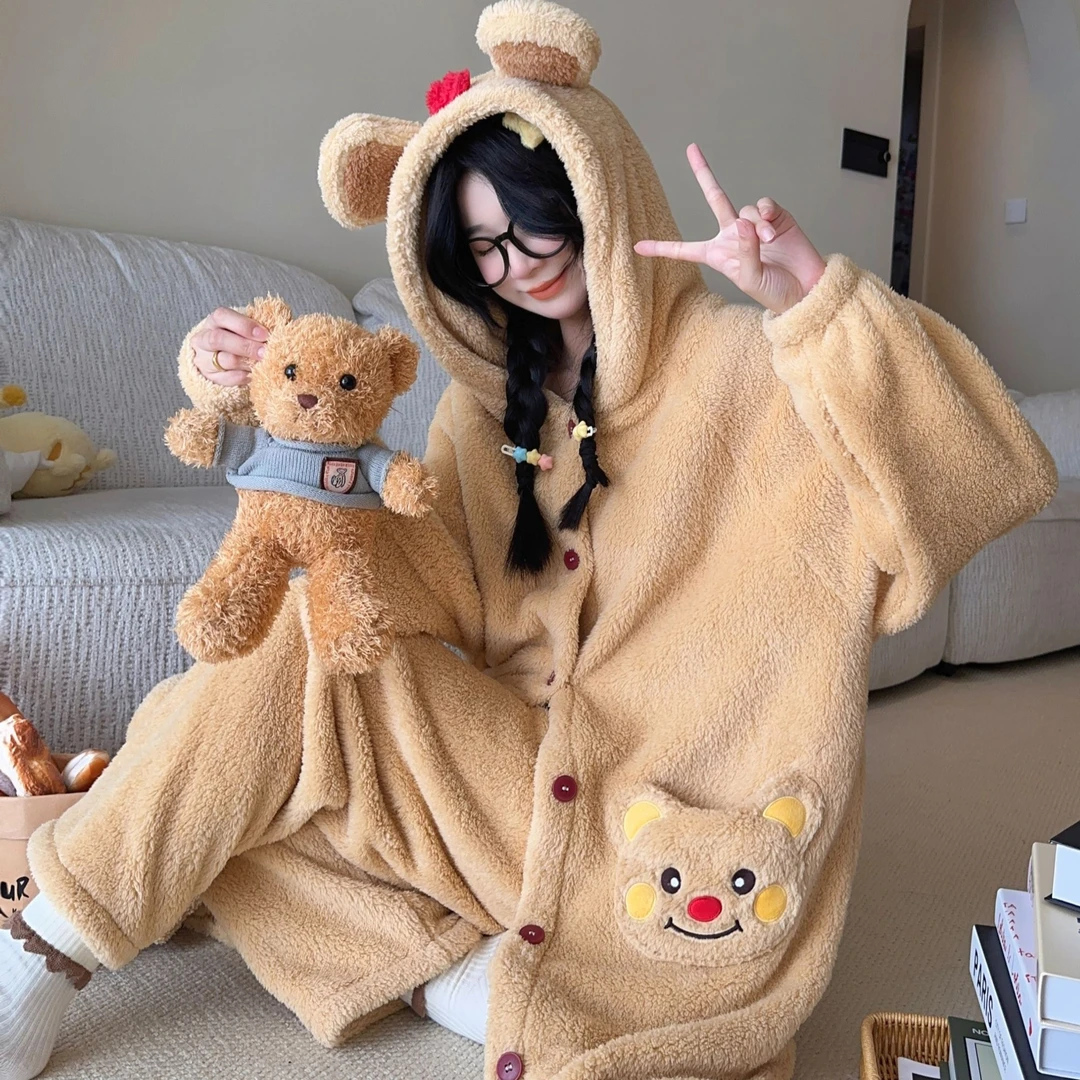 缤果吉利2024秋冬睡衣推荐连帽睡袍珊瑚绒加厚袍套黄油小熊家居服