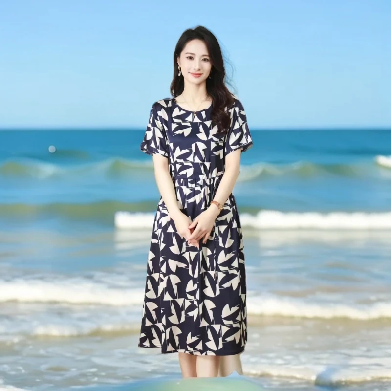 0505透气裙子妈妈装几何图洋气显瘦气质时尚休闲