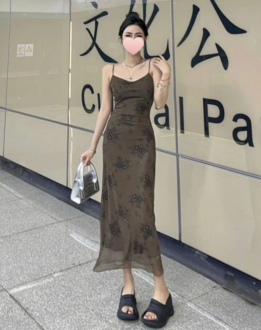 国风复古包臀网纱连衣裙女装夏妗气质长款收腰修身新中式吊带裙子