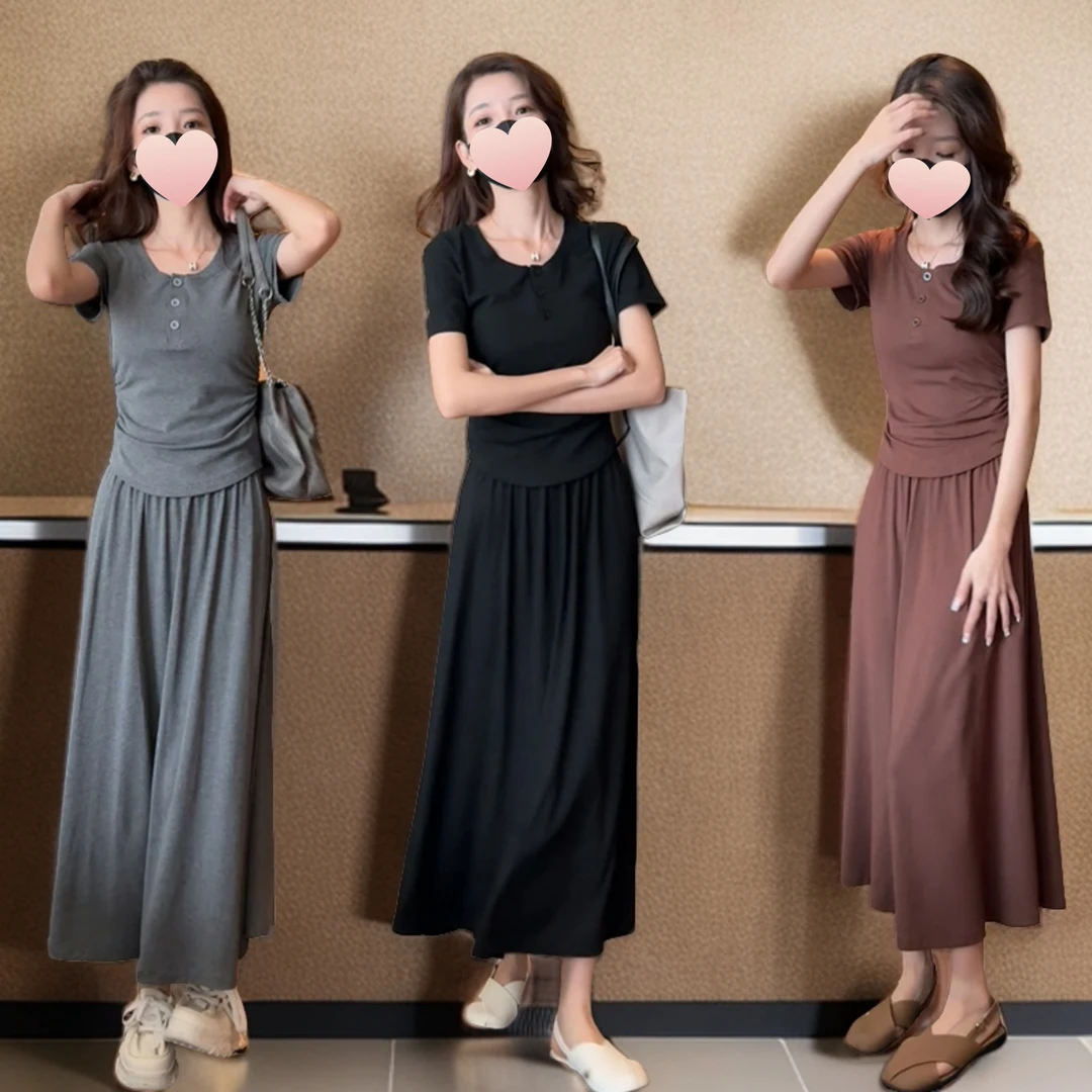 夏冰丝盐系轻熟风半袖垂感长半裙两件套装气质显瘦短袖高腰薄款锦