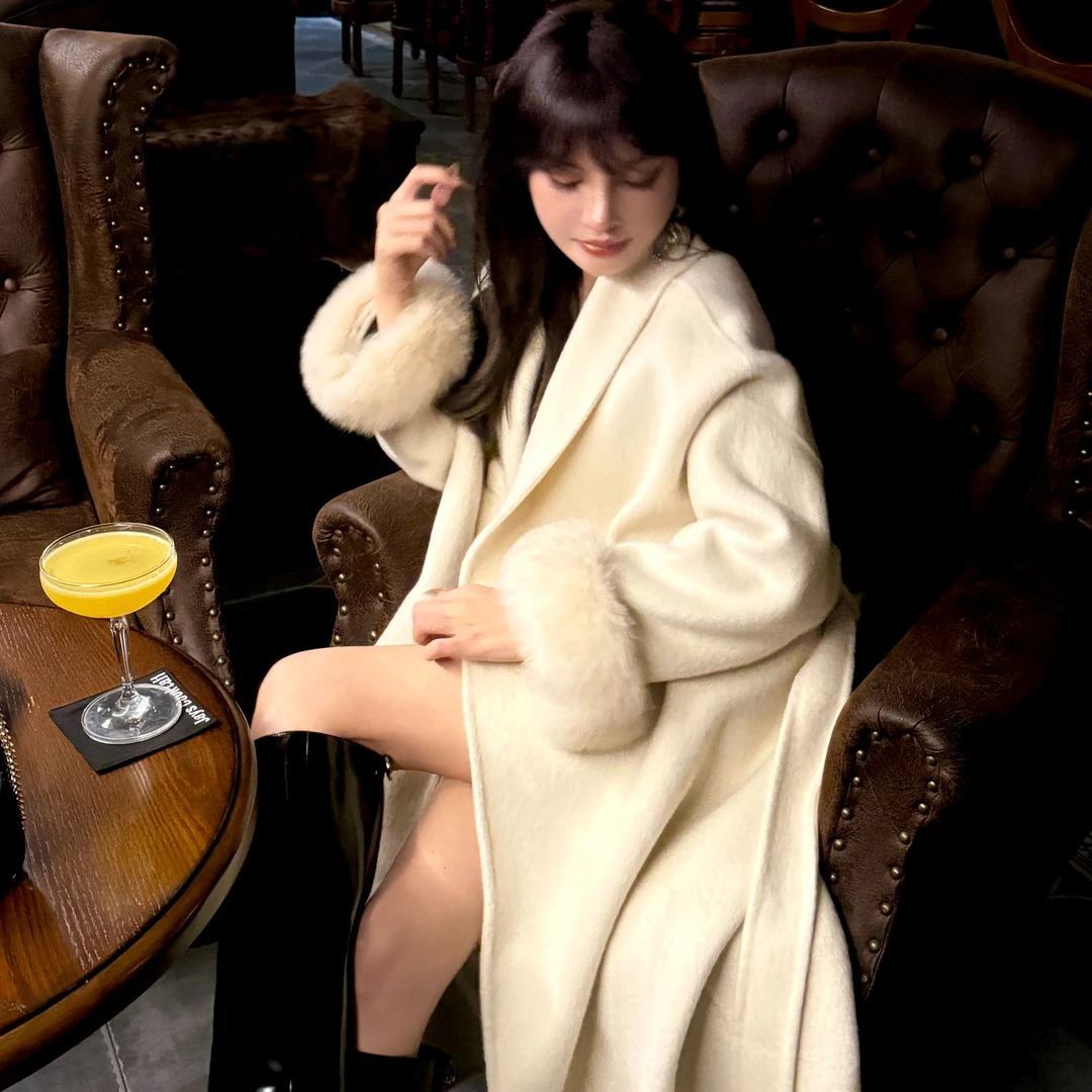 2025新款女装轻奢100%狐狸毛双面手缝羊毛大衣宽松 韩系 慵懒风格