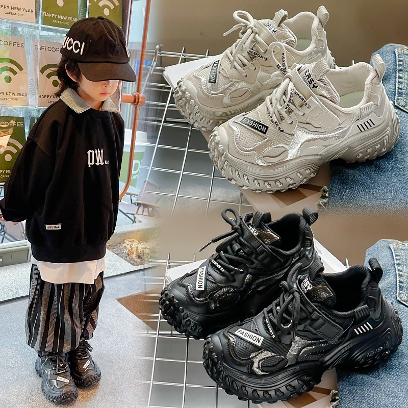 男童运动鞋2025春秋款女童皮面老爹鞋轻便轮胎底跑步鞋小学生单鞋