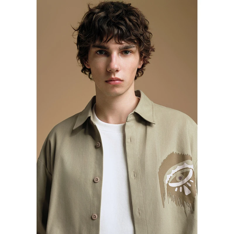 UR秋冬新款男装潮牌高街休闲印花宽松长袖开襟衬衫UML230027