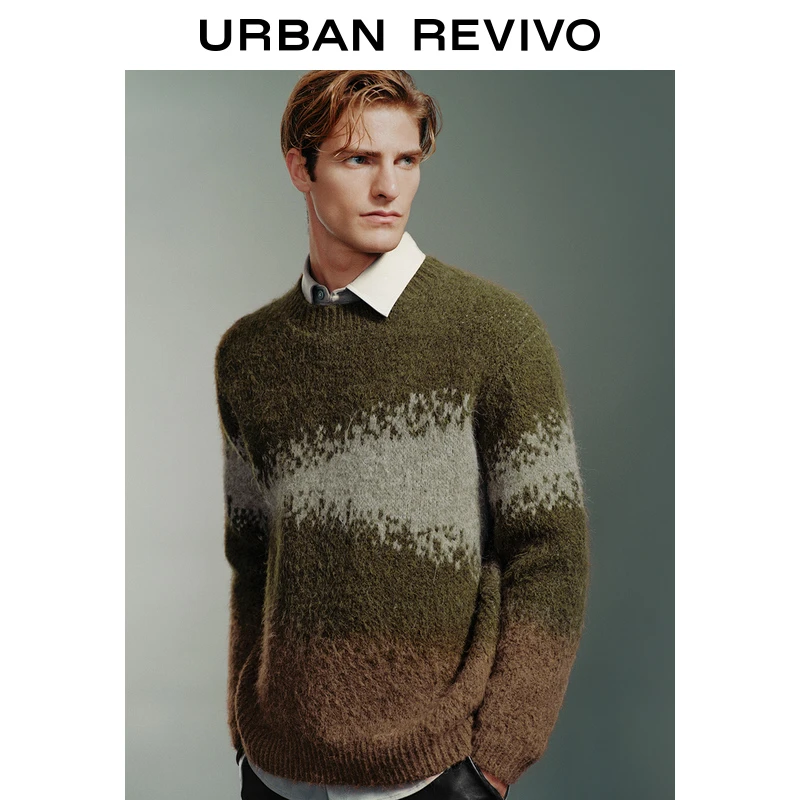 UR2024秋冬新款男装时尚雅丹风拼色提花软糯针织衫UMF940037