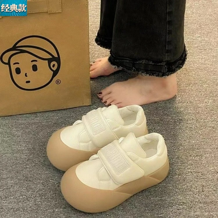 丑萌大头鞋小白鞋女秋冬2023新款百搭魔术贴厚底面包鞋子小众板鞋