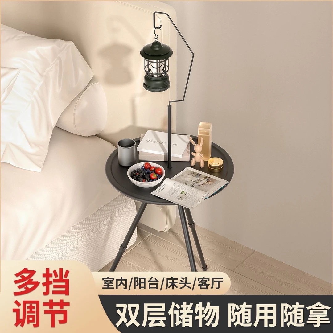 便携式户外小茶几超轻露营双层小圆桌带灯架炊野餐装备用品沙滩