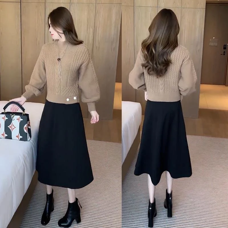 时尚洋气套装女2023秋冬新款加厚毛衣+毛呢半身裙气质显瘦两件套