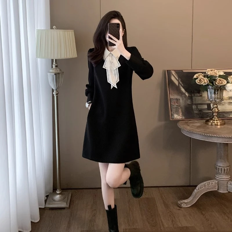 黑色法式赫本风连衣裙女春季新款宽松大码显瘦气质超好看裙子