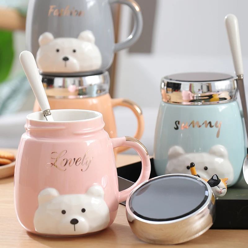 可爱马克杯陶瓷杯情侣水杯杯子陶瓷杯子带盖陶瓷水杯带盖镜面杯