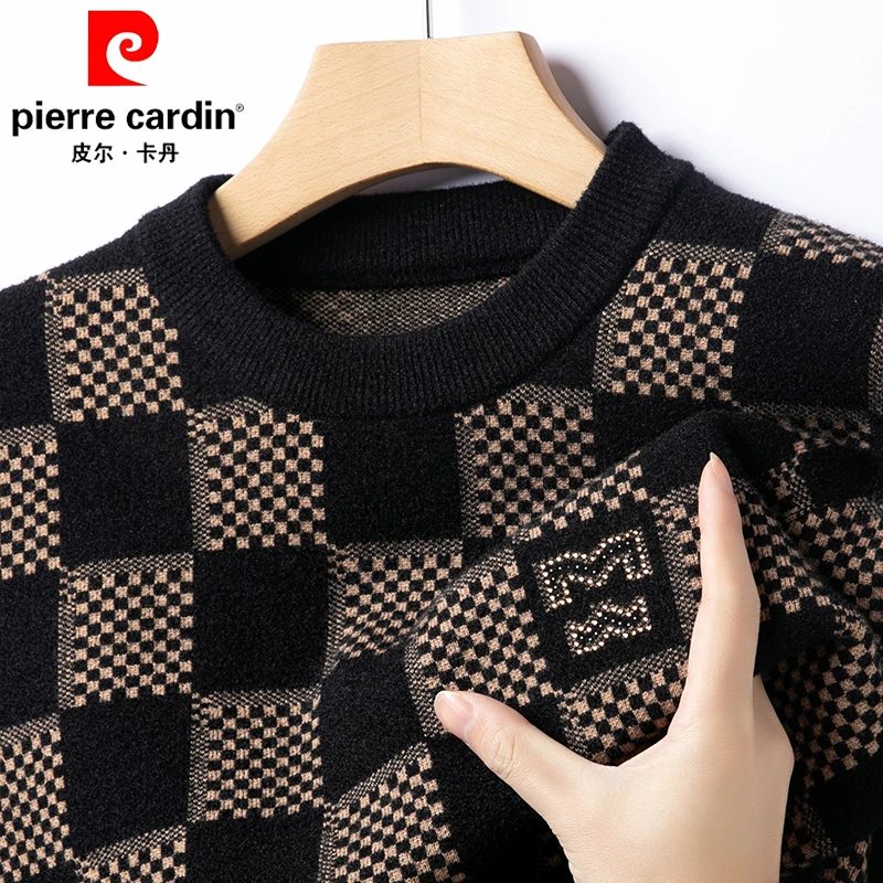 皮尔卡丹山羊绒衫男士圆领冬季加厚休闲毛衣中年打底百搭羊毛衫