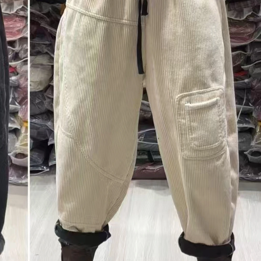 复古条绒加厚加绒哈伦裤时尚洋气宽松冬款