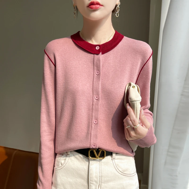 拼色针织开衫精纺春秋新款宽松打底圆领气质长袖时尚休闲撞色百搭