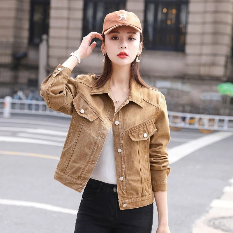 咖啡色牛仔外套女短款2023春新款宽松显瘦气质百搭开衫牛仔衣夹克