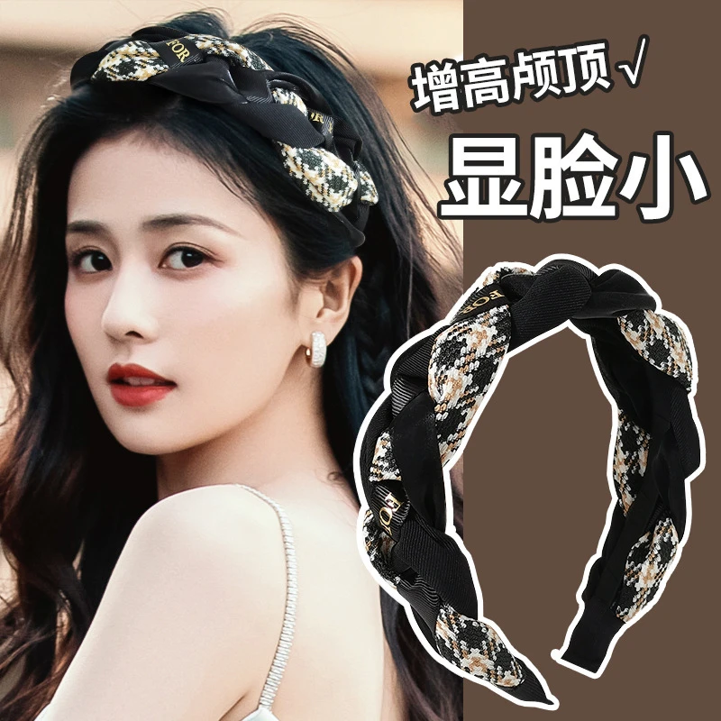 高级感气质布艺千鸟格宽边发箍女高颅顶头箍复古麻花编织发饰头饰