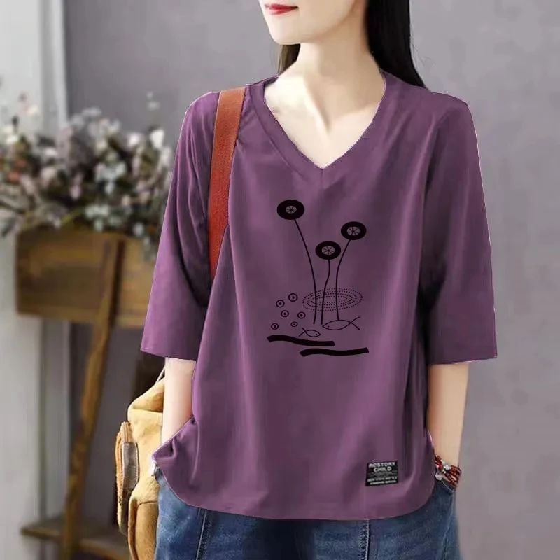 纯棉v领时尚休闲短袖t恤女夏季百搭新款大码文艺潮流套装印花上衣
