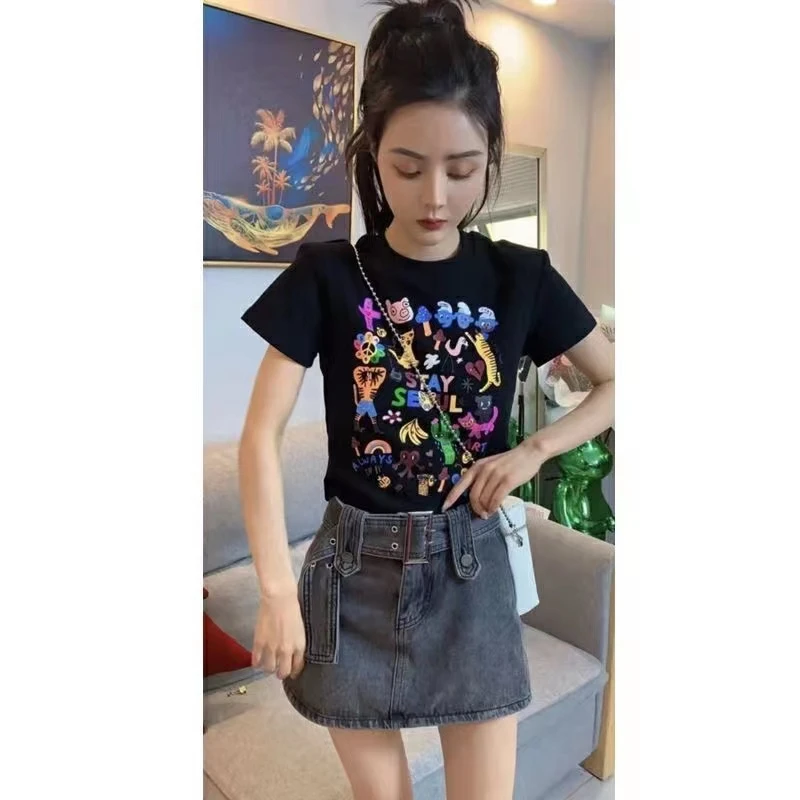 女装修身显瘦圆领彩色卡通印花童趣短袖上衣ins设计感夏季t恤美式