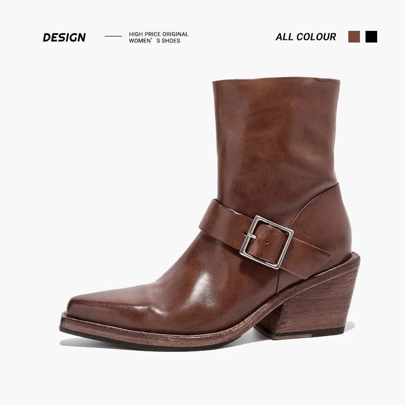 JK.ACGN水洗马皮马丁靴粗跟尖头时装靴时尚百搭法式高跟瘦瘦靴