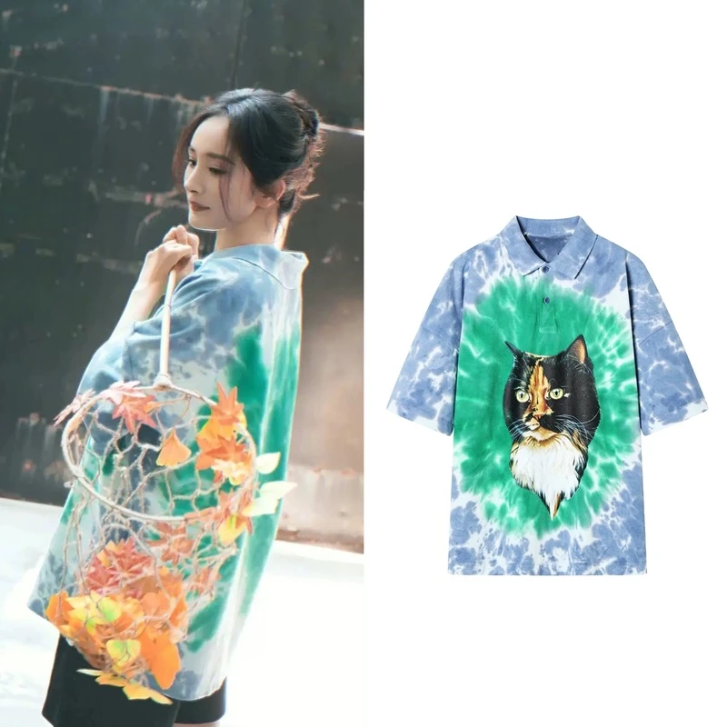 【S110】杨幂同款宽松短袖polo衫女扎染卡通猫咪印花宽松衬衣