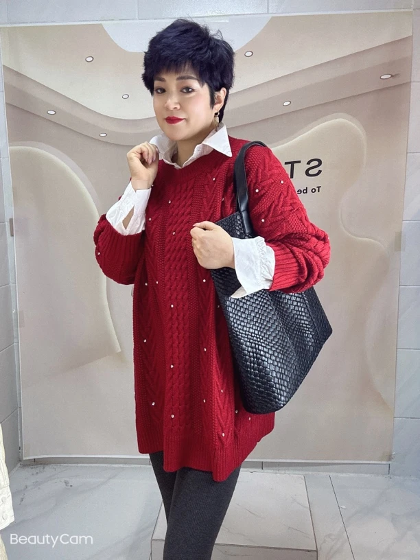 红色中长款针织衫包容性好新春贺岁版