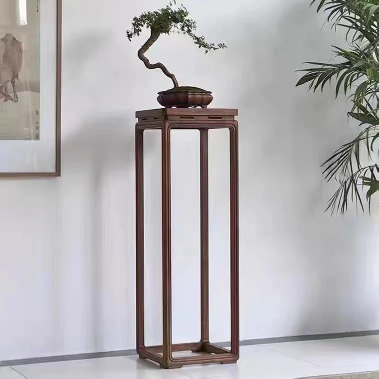 新中式实木花架老榆木花几黑胡桃木角几木质落地客厅家用花架