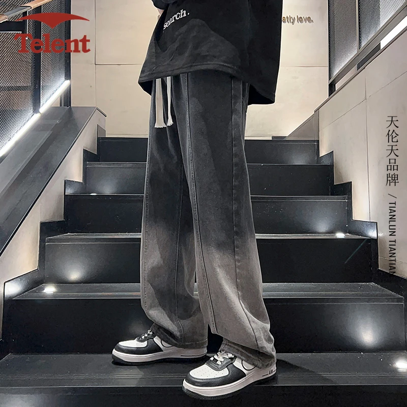 渐变复古牛仔裤男款秋冬季加绒潮牌美式运动水洗直筒阔腿休闲裤子