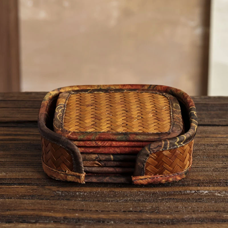 【细物慢造】缎面印花竹席祥云方形杯垫套装9cm（XJDM67-1）