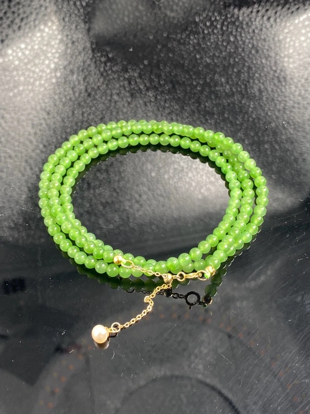 和田玉碧玉苹果绿卡4mm毛衣链-长款