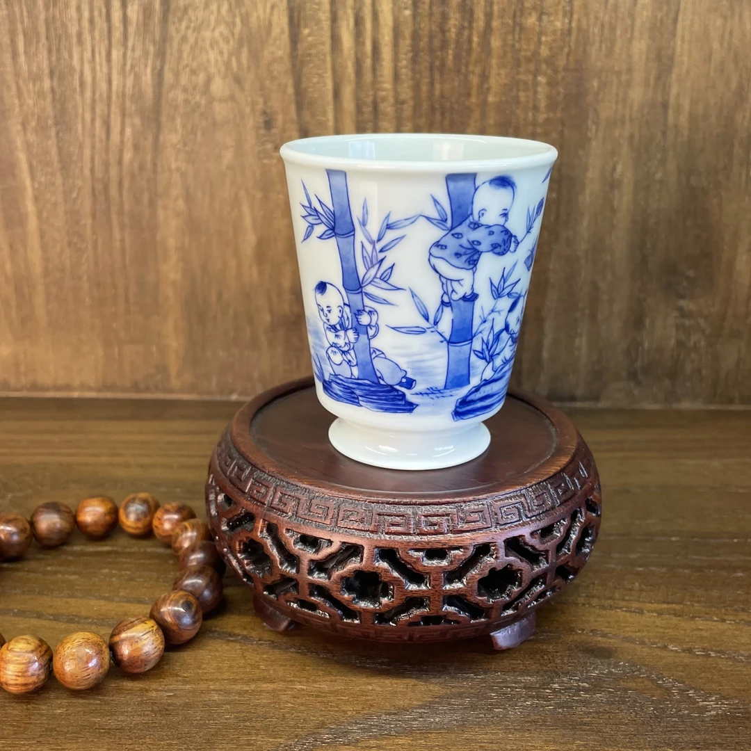 青花纯手绘步步高主人杯孩童嬉戏直口杯马蹄杯景德镇陶瓷